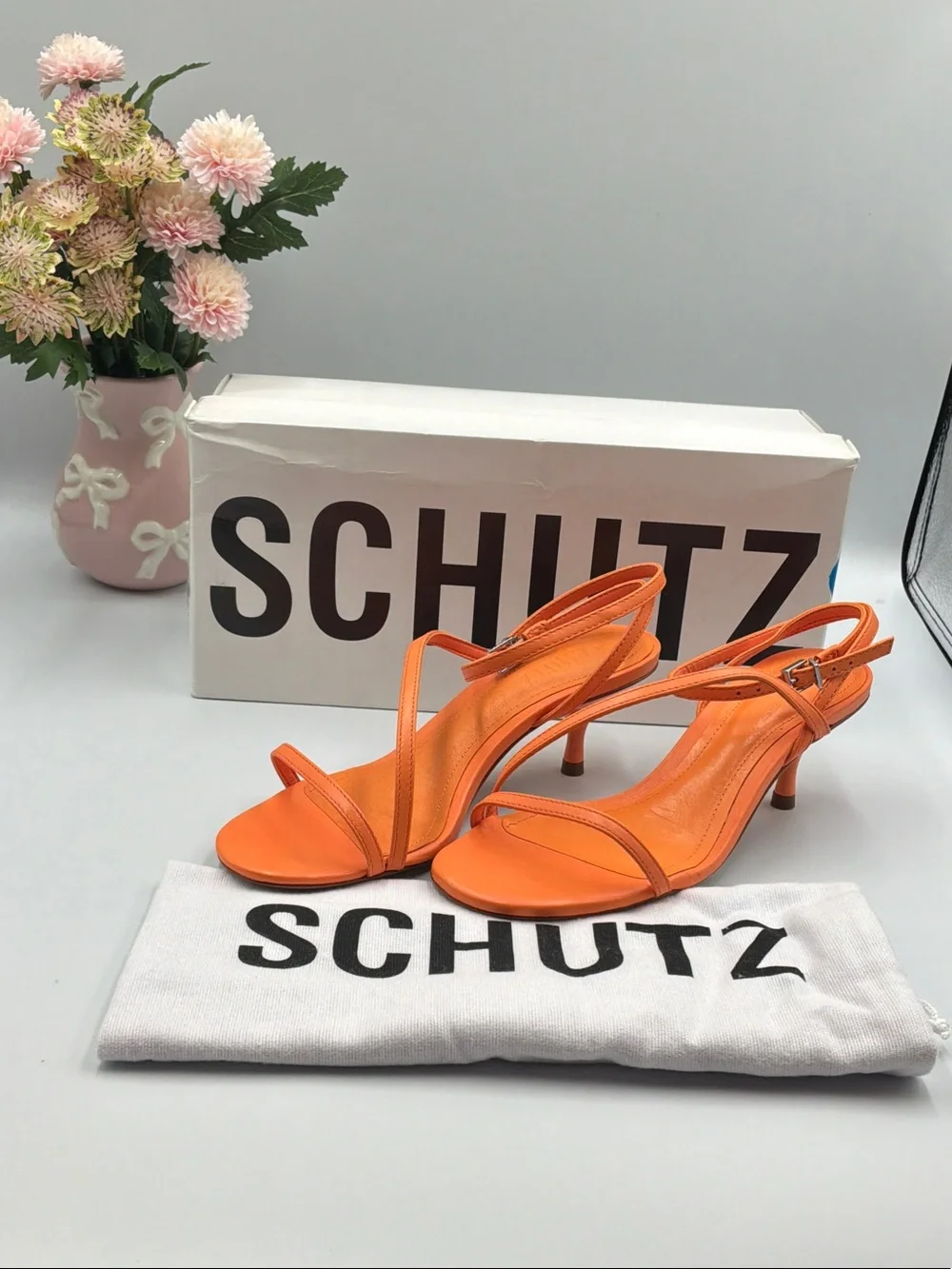 SCHUTZ Bright Orange Strappy Kitten Heel Sandals